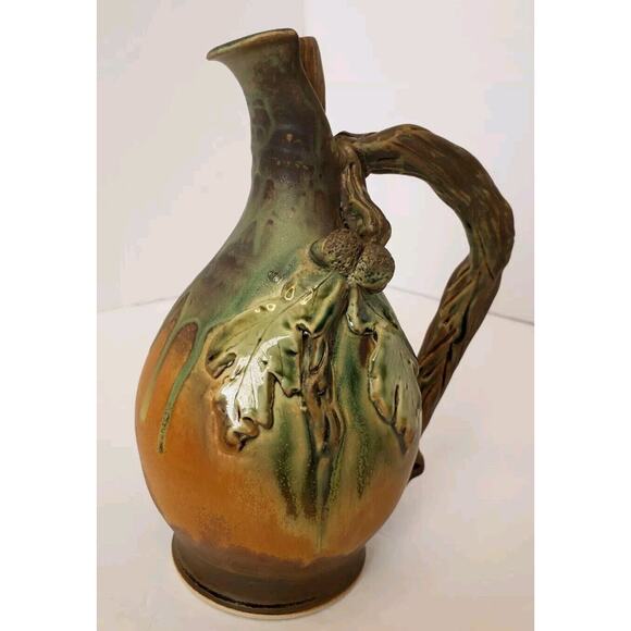 Vintage Artisan Pottery Ewer Jug w/ Stopper Oak Leaves Acorn Twig Fall Signed - Picture 4 of 14
